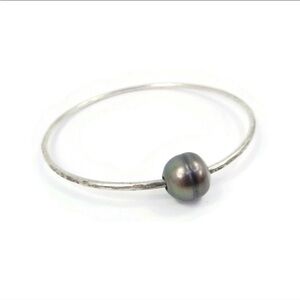 Vintage Sterling, Genuine Pearl Bangle, Bracelet, Hammered, Slide Bead